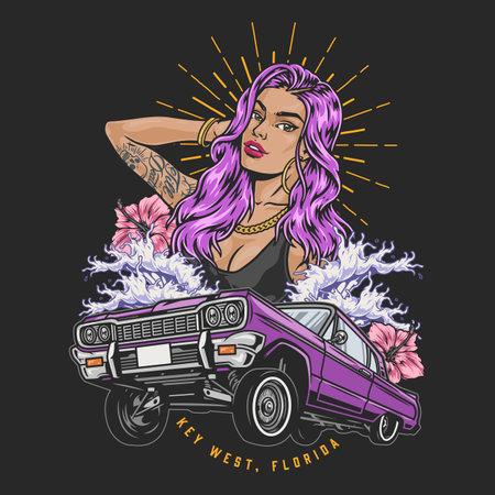 Girl and car colorful flyerのイラスト素材