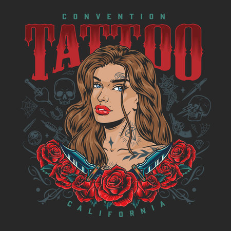 Tattoo beautiful girl colorful flyerのイラスト素材