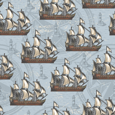 Marine ship vintage pattern seamlessのイラスト素材