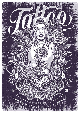 Tattoo art convention monochrome posterのイラスト素材