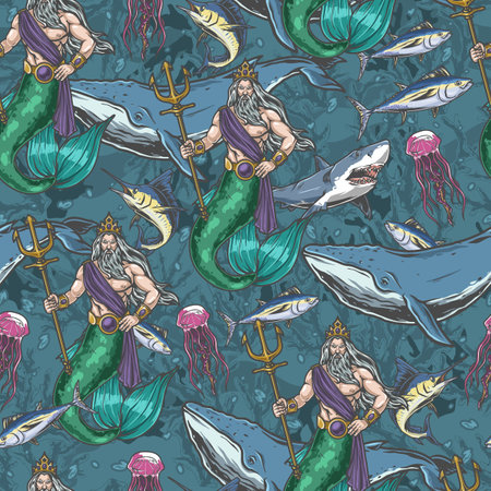 Marine life colorful seamless patternのイラスト素材