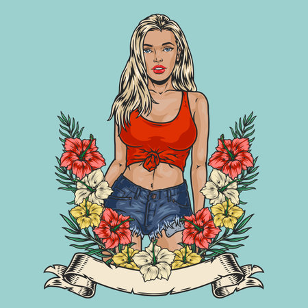 Hot blonde girl colorful emblemのイラスト素材