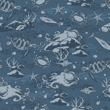 Ocean fauna pattern seamless monochromeのイラスト素材