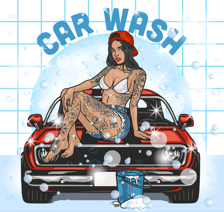 Girl car washer colorful posterのイラスト素材