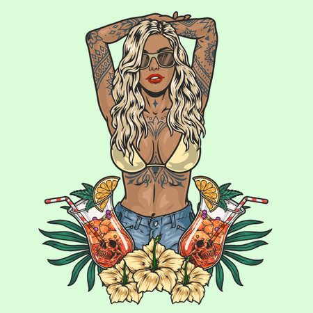 Tropical beach girl colorful stickerのイラスト素材