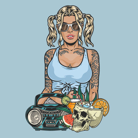 Beach party girls colorful emblemのイラスト素材