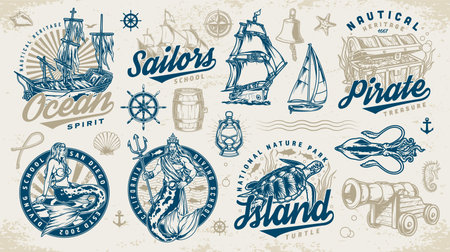 Nautical world set stickers colorfulのイラスト素材