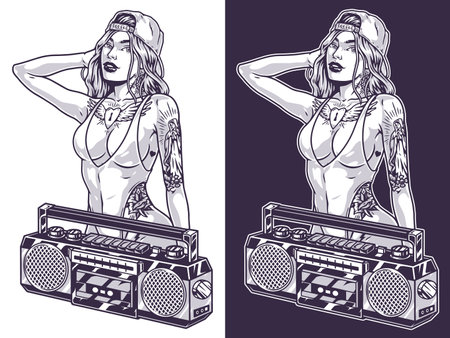 Beach party girls monochrome stickerのイラスト素材