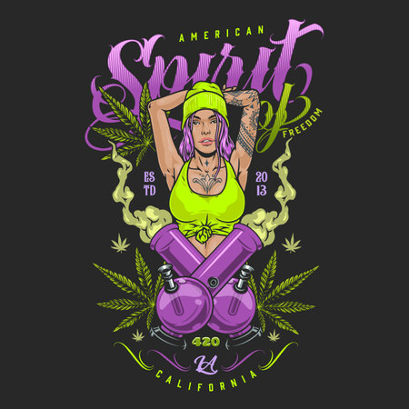 Girl with cannabis colorful flyerのイラスト素材