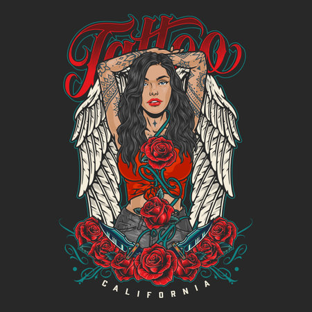 Tanned tattooed woman colorful flyerのイラスト素材