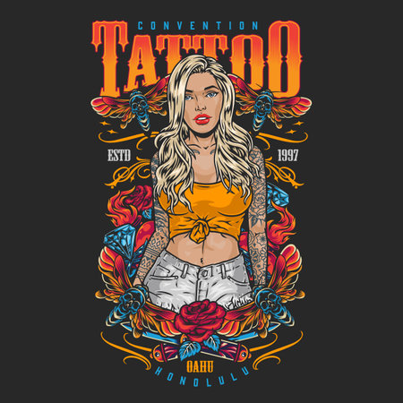 Tattooed blonde woman flyer colorfulのイラスト素材