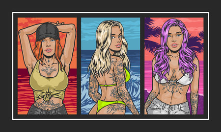 Beach tattoo girls colorful posterのイラスト素材