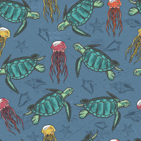 Turtles and jellyfish pattern seamlessのイラスト素材