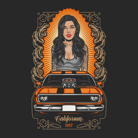 Woman auto racer colorful flyerのイラスト素材