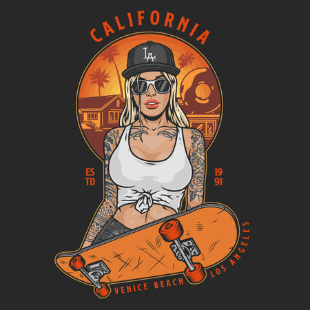 Young girl skateboarder colorful flyerのイラスト素材