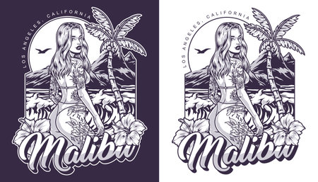 Beautiful beach girl monochrome flyerのイラスト素材