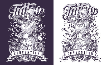 Tattooed hipster girl monochrome flyerのイラスト素材