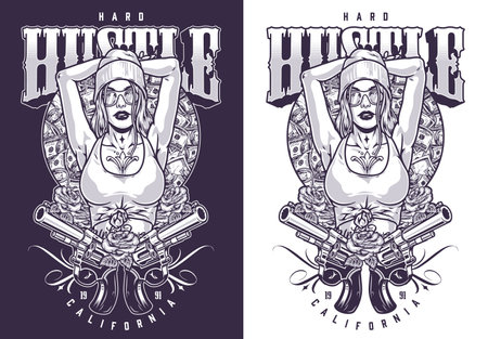 Armed hustle woman monochrome flyerのイラスト素材