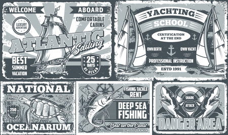 Sea world flyers monochrome setのイラスト素材