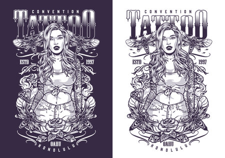 Woman tattoo master monochrome flyerのイラスト素材
