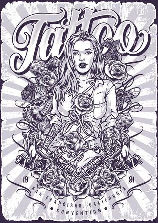 Tattoo studio girl poster monochromeのイラスト素材