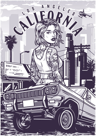 Cool girl driver monochrome flyerのイラスト素材