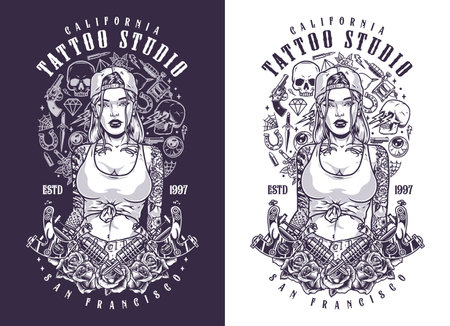 California tattoo studio flyer monochromeのイラスト素材