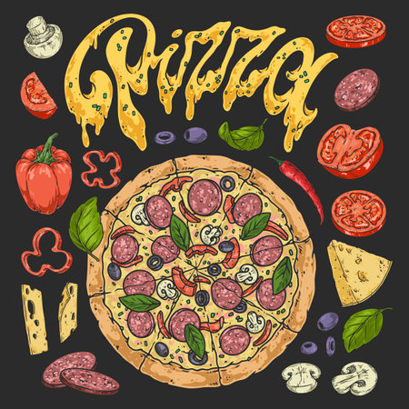 Pizza ingredients stickers set colorfulのイラスト素材