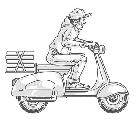 Deliveryman at scooter sticker monochromeのイラスト素材