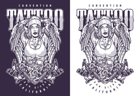 Tattooed angel girl flyer monochromeのイラスト素材