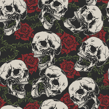 Skull with roses seamless patternのイラスト素材