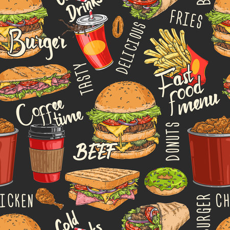 Fast food colorful seamless patternのイラスト素材