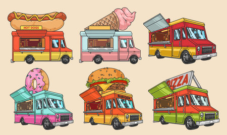 Food trucks set labels colorfulのイラスト素材