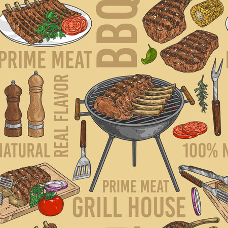 BBQ restaurant seamless pattern colorfulのイラスト素材