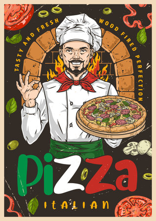 Pizza chef colorful vintage posterのイラスト素材