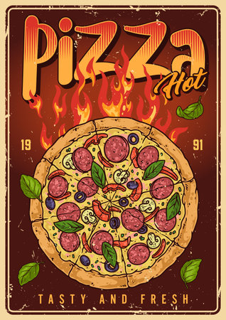 Hot pizza vintage colorful posterのイラスト素材