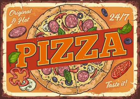 Pizza delivery vintage poster colorfulのイラスト素材