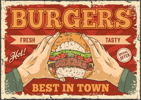 Beef hamburger vintage poster colorfulのイラスト素材