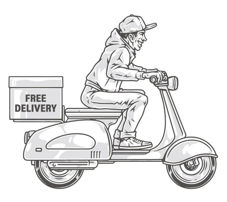 Deliveryman at scooter monochrome emblemのイラスト素材