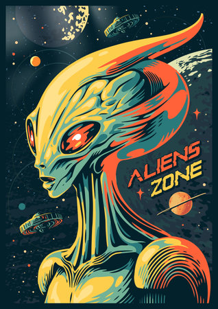 Aliens zone colorful vintage flyerのイラスト素材