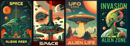 Aliens zone set flyers colorfulのイラスト素材