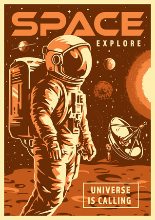 Space explore vintage poster monochromeのイラスト素材