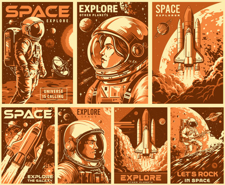 Space travel monochrome set postersのイラスト素材
