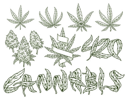 Cannabis herb set sticker monochromeのイラスト素材