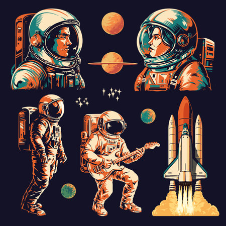 Astronauts colorful vintage set stickersのイラスト素材