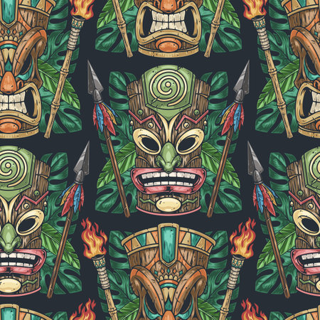 Tiki masks pattern seamless colorfulのイラスト素材