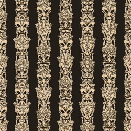 Tiki masks seamless pattern monochrome