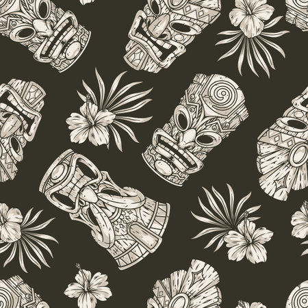 Tiki masks seamless pattern monochromeのイラスト素材