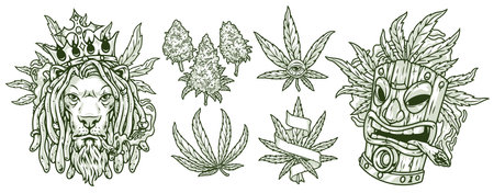 Cannabis culture set sticker monochromeのイラスト素材