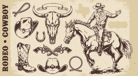 Rodeo cowboy monochrome set stickersのイラスト素材
